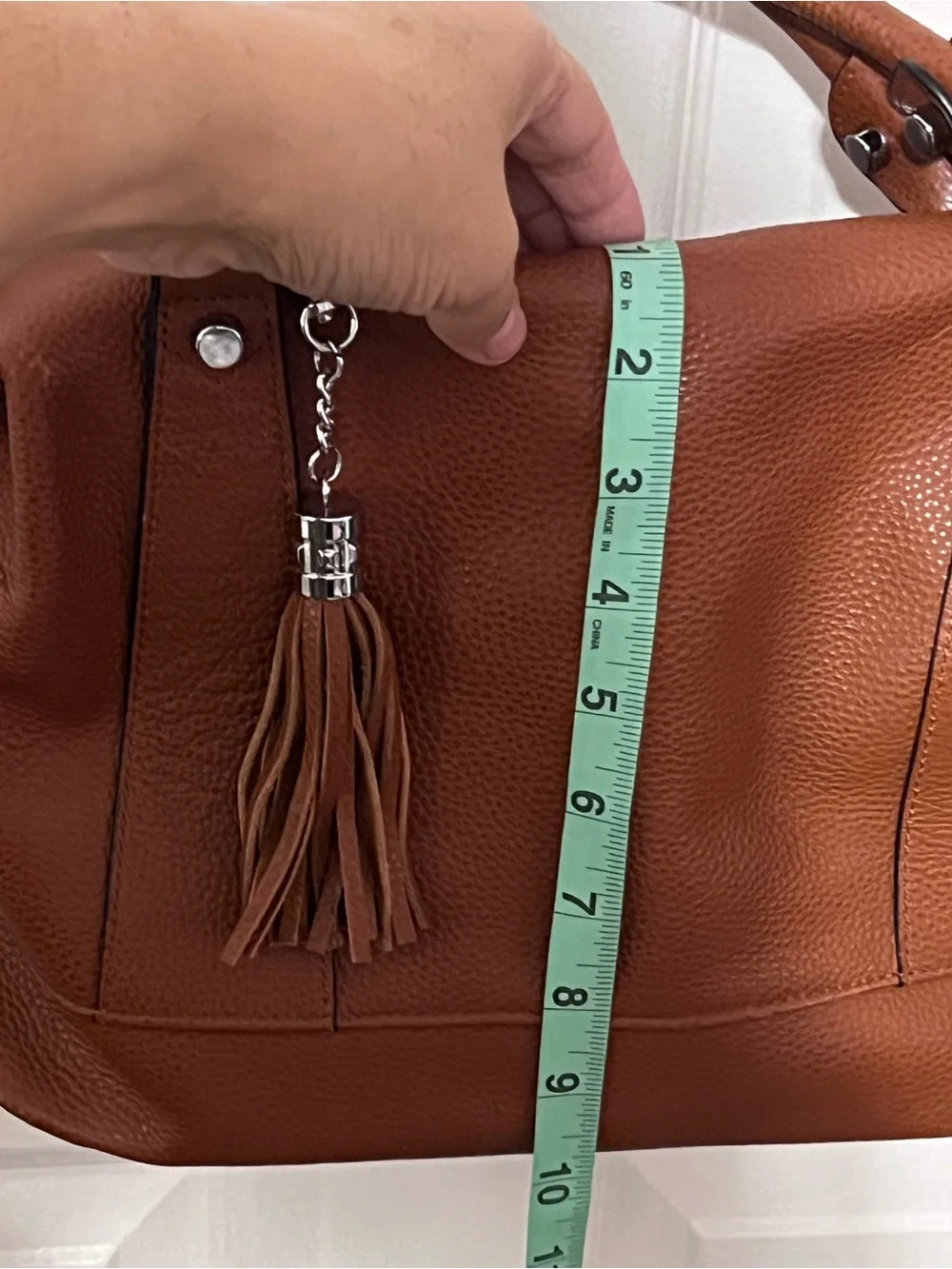 HESHE Cognac Brown Pebbled Satchel Crossbody Bag Tassel Handbag